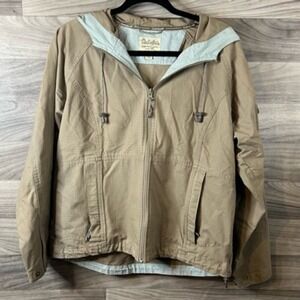 Cabelas Womens Jacket Coat Brown Waist Length Full Zip Hooded Pockets V Neck M